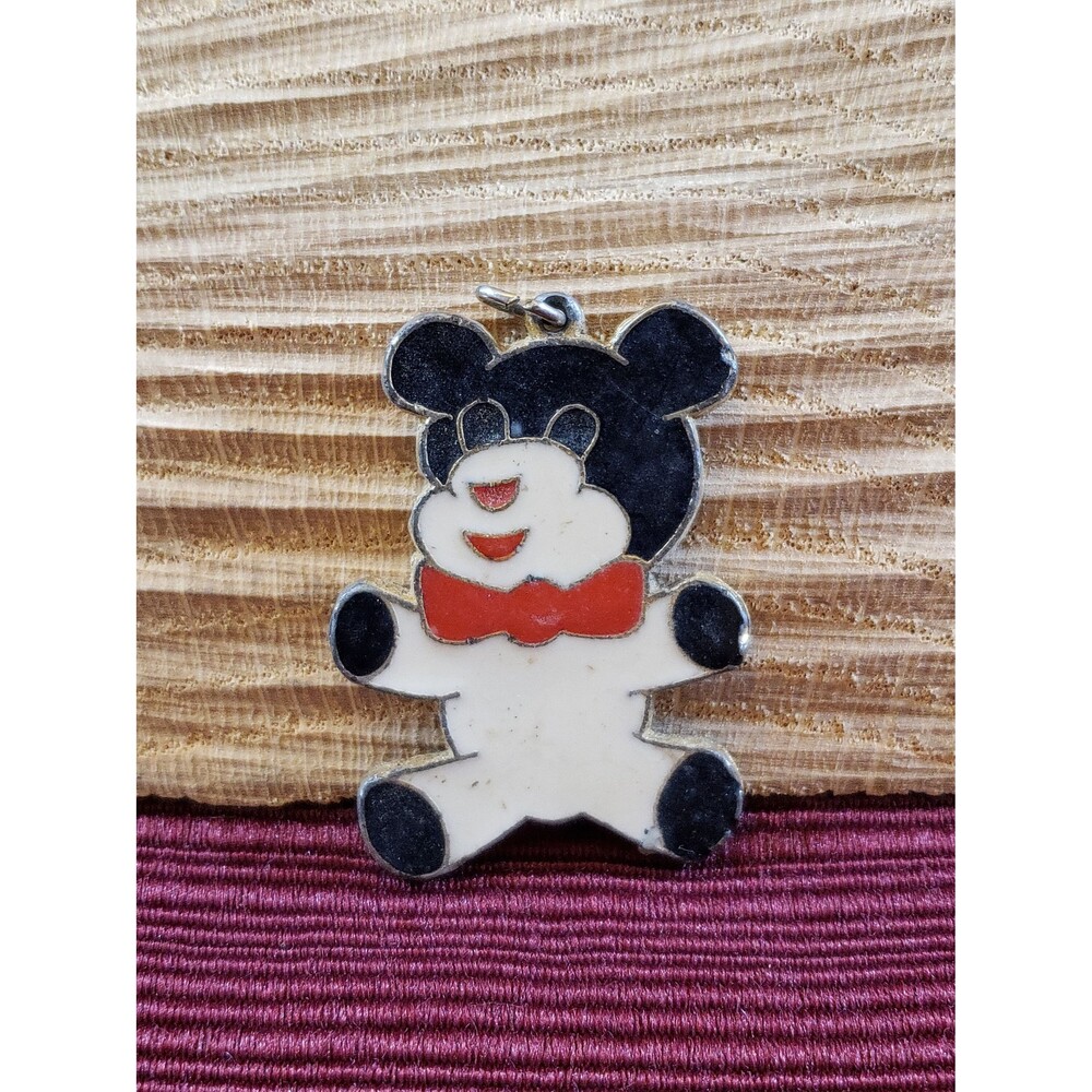 Vintage Unsigned Enamel Black And White Bear Wearing a Red Bow Tie Metal Pendant